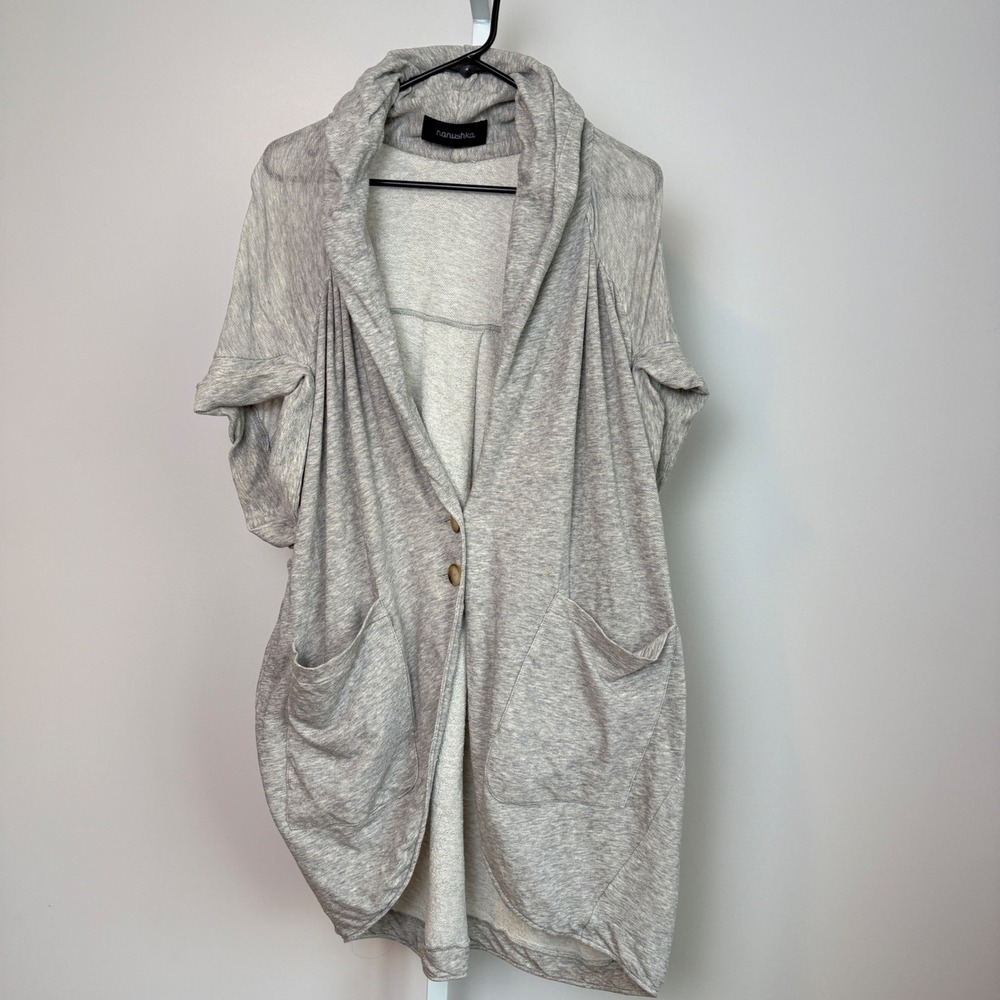 Nanushka Gray Marl Short Sleeve Drape Collar Button Front Cardigan Sweater S